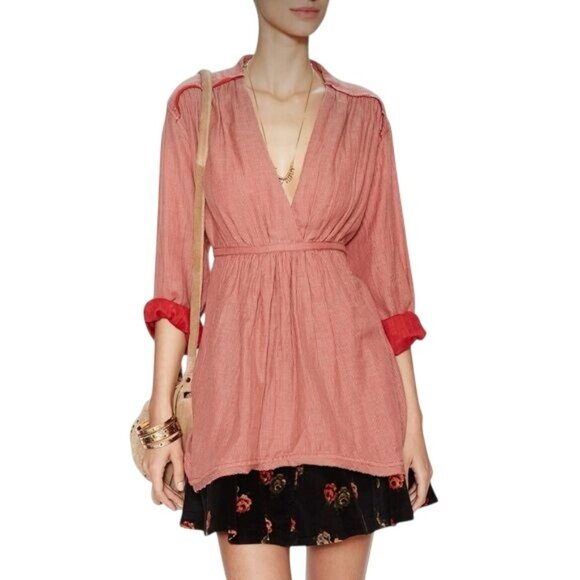 Free People Deep V-Neck Empire Waist Micro Striped Casual Baby Doll Top - Picture 7 of 11